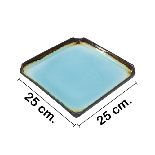Plato de porcelana cuadrado azul con café de 25x25x3cm