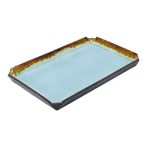 Plato de porcelana rectangular azul con café de 8.5×30.3×2.6cm