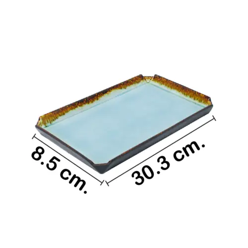 Plato de porcelana rectangular azul con café de 8.5×30.3×2.6cm