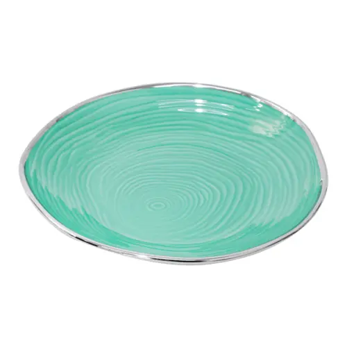Plato de porcelana ovalado azul con orilla plateada de 25.7×25.2×4.8cm