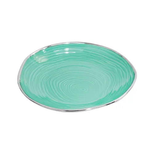 Plato de porcelana ovalado azul con orilla plateada de 20.2×20.2×3.6cm