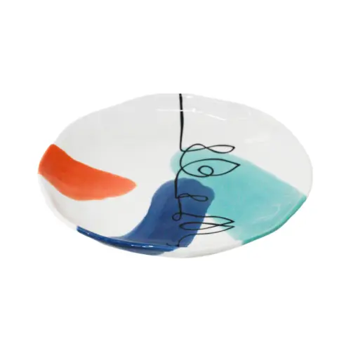 Plato hondo de porcelana blanca diseño naranja con azul de 20.5×20.5x4cm