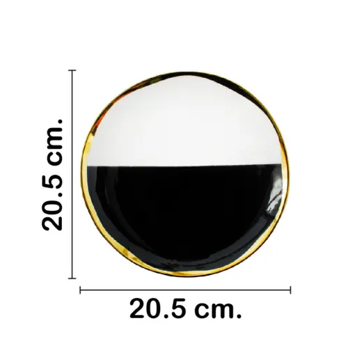 Plato de cerámica blanca con negro y con la orilla dorada de 20.5×20.5x2cm
