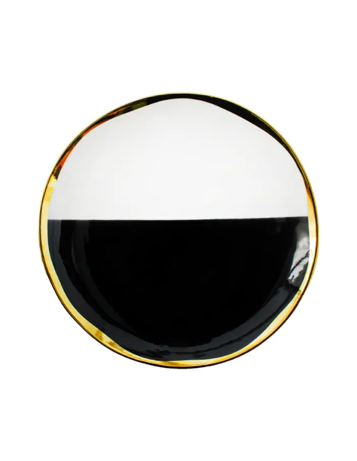 Plato de cerámica blanca con negro y con la orilla dorada de 20.5x20.5x2cm - Image 3