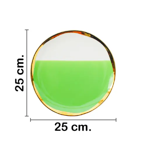 Plato de cerámica verde con blanco y orilla dorada de 25x25x2.6cm