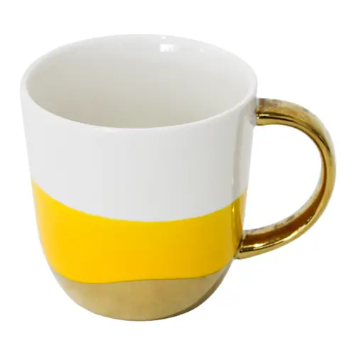 Taza de porcelana amarilla con blanco y orilla dorada de 10.4×13.8×10.2cm