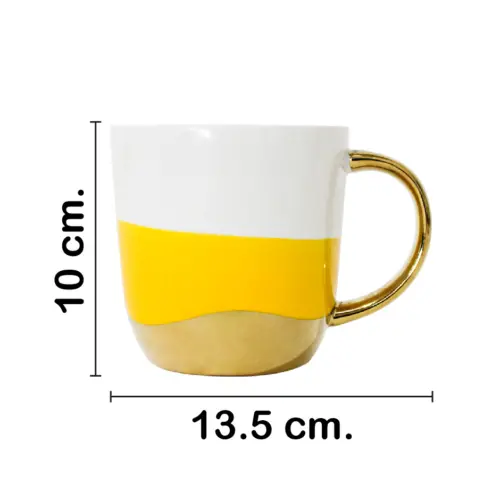 Taza de porcelana amarilla con blanco y orilla dorada de 10.4×13.8×10.2cm