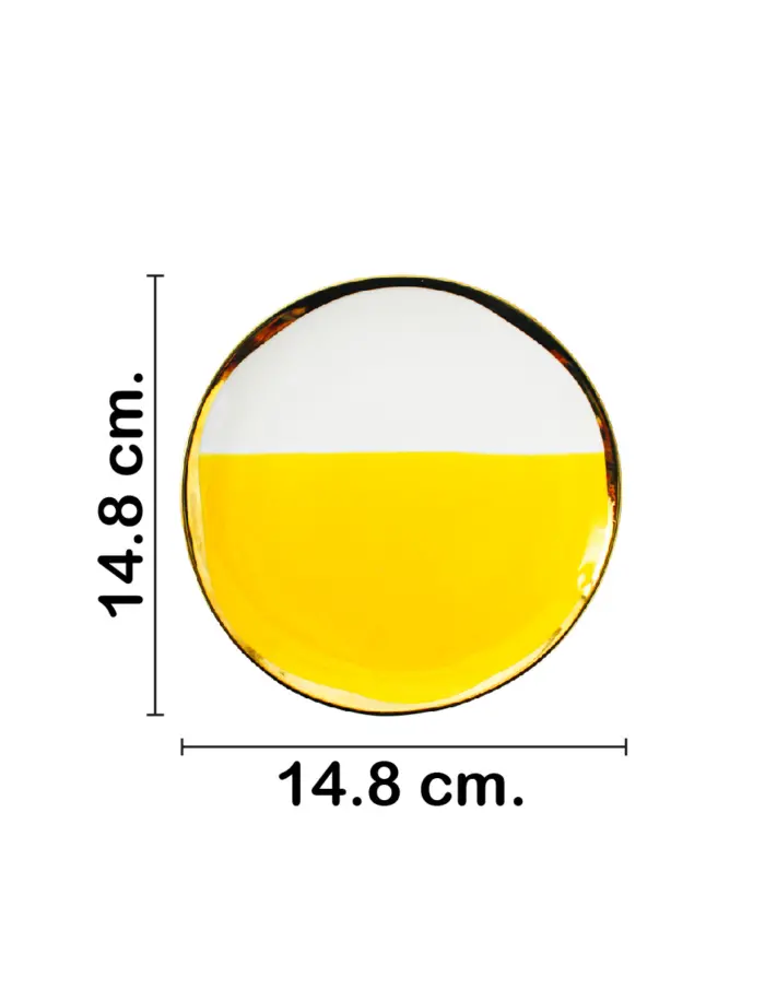 Plato de porcelana amarilla con blanco y orilla dorada de 14.8x14.8x1.4cm - Image 2