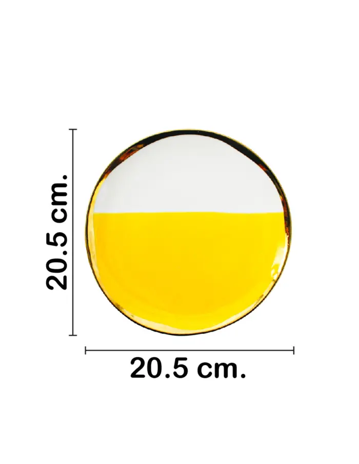 Plato de porcelana amarilla con blanco y orilla dorada de 20.5x20.5x2cm - Image 2