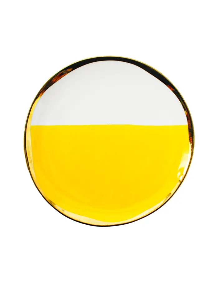 Plato de porcelana amarilla con blanco y orilla dorada de 20.5x20.5x2cm - Image 3