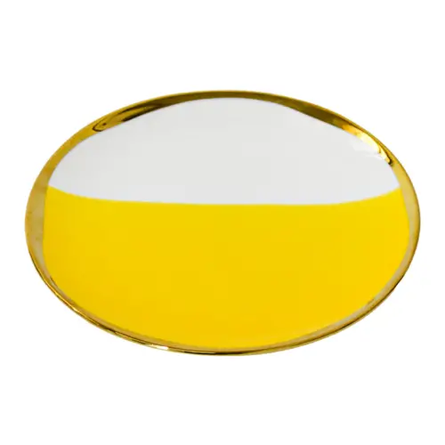 Plato de porcelana amarilla con blanco y orilla dorada de 25x25x2.6cm