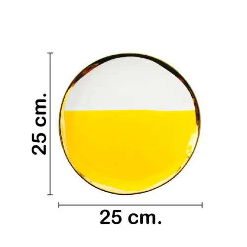 Plato de porcelana amarilla con blanco y orilla dorada de 25x25x2.6cm