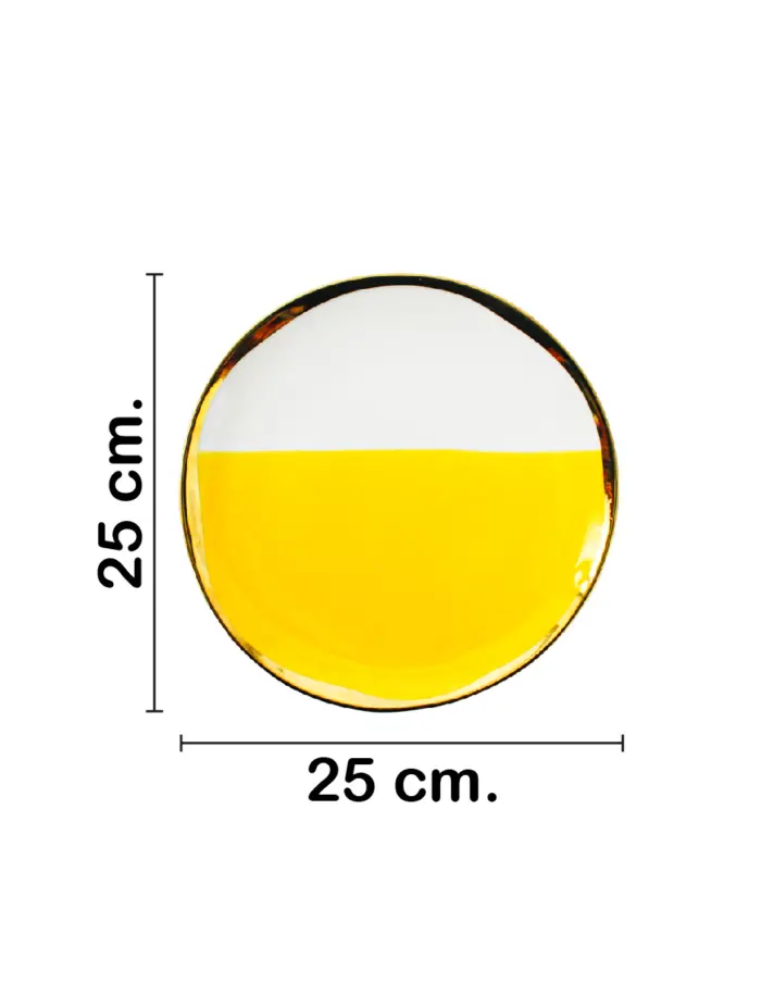 Plato de porcelana amarilla con blanco y orilla dorada de 25x25x2.6cm - Image 2