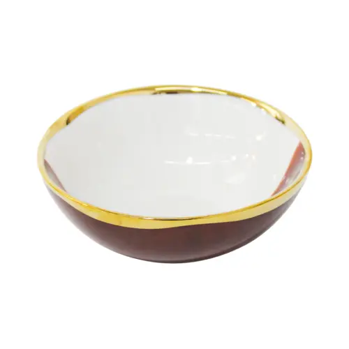 Tazon de porcelana café con blanco y orilla dorada de 14x14x5.5cm