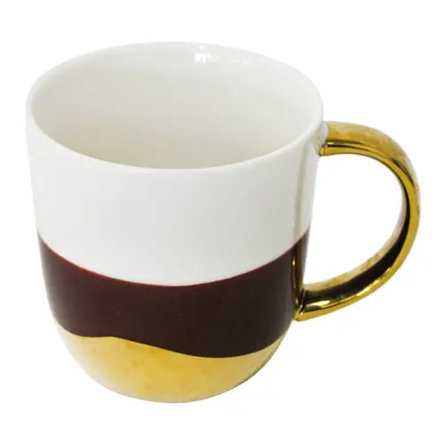 Taza de porcelana café con blanco y orilla dorada de 10.4×13.8×10.2cm