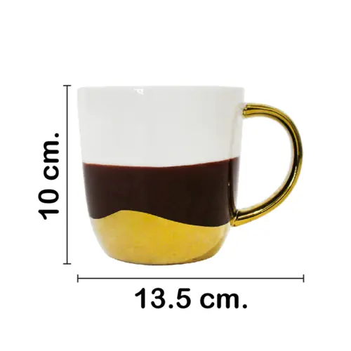 Taza de porcelana café con blanco y orilla dorada de 10.4×13.8×10.2cm