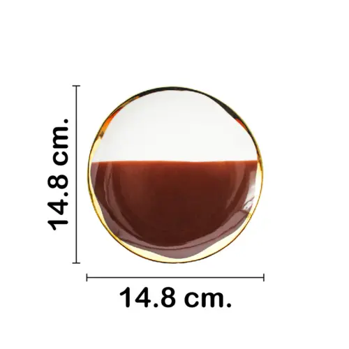 Plato de porcelana café con blanco y orilla dorada de 14.8×14.8×1.4cm