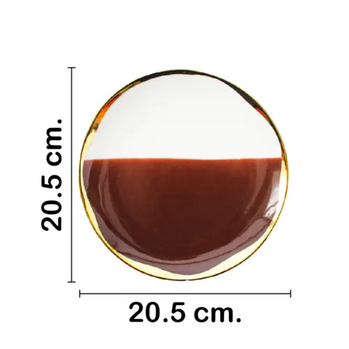 Plato de porcelana café con blanco y orilla dorada de 20.5×20.5x2cm