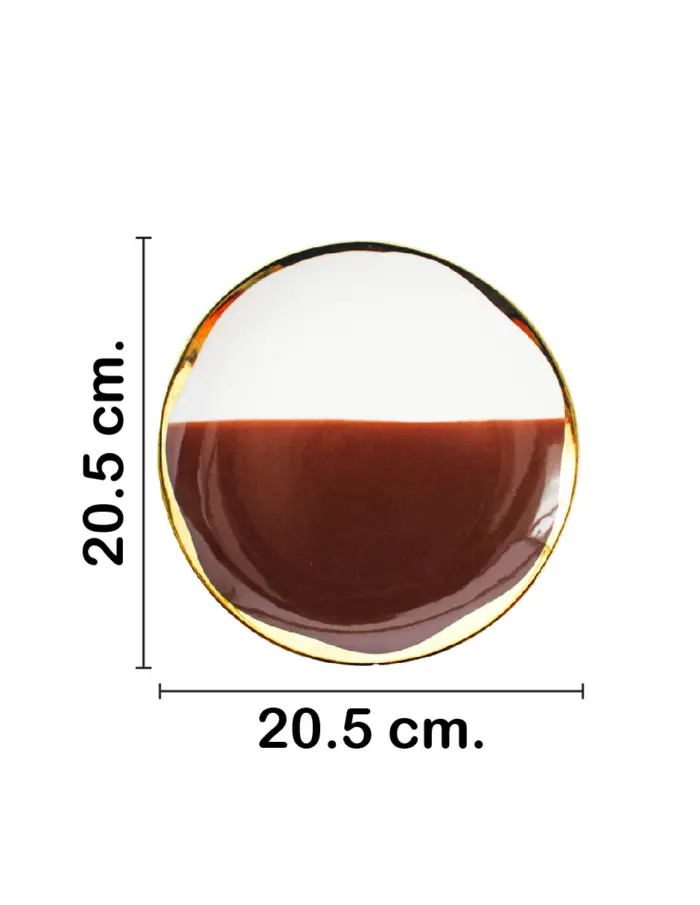 Plato de porcelana café con blanco y orilla dorada de 20.5x20.5x2cm - Image 2