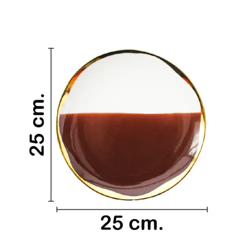 Plato de porcelana café con blanco y orilla dorada de 25x25x2.6cm