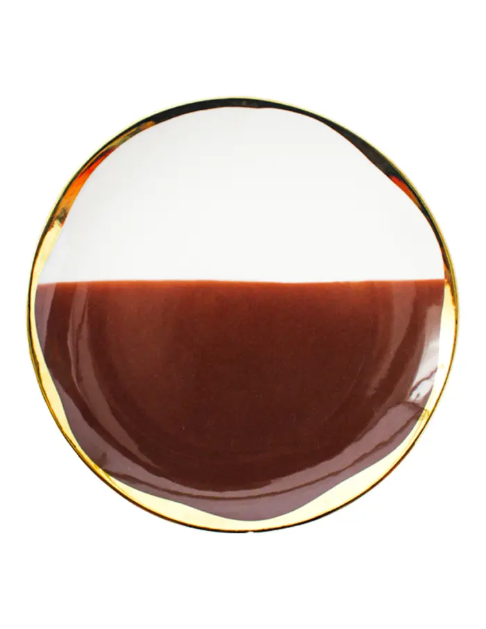 Plato de porcelana café con blanco y orilla dorada de 25x25x2.6cm - Image 3