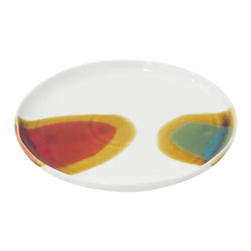 Plato de porcelana blanca café  azul y marrón en las orillas de 27x27x2.5cm