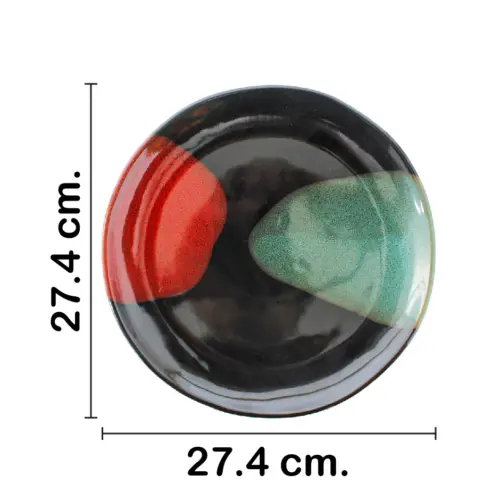 Plato de porcelana negra con rojo y azul de 27.4×27.4×2.5cm