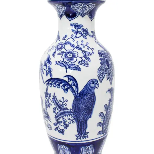 Jarrón de porcelana estampado azul con aves de 16x16x36cm