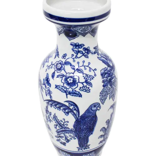Jarrón de porcelana estampado azul con aves de 16x16x36cm