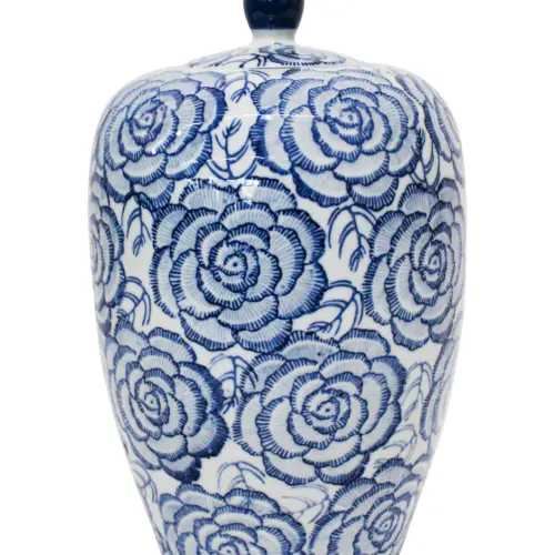 Tibor de porcelana estampado flores azules de 18x18x27cm