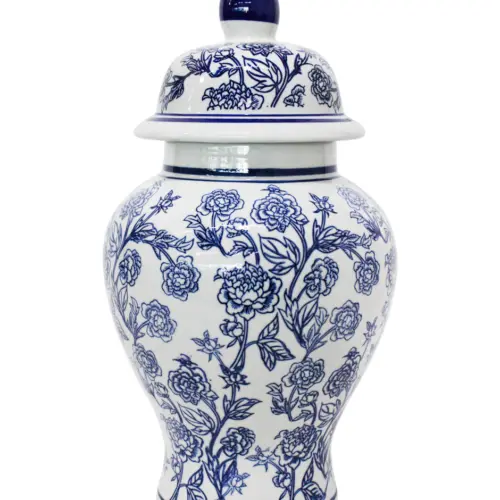 Tibor de porcelana estampado flores azules de 24x24x40.5cm