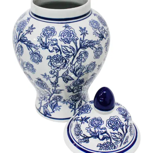 Tibor de porcelana estampado flores azules de 24x24x40.5cm