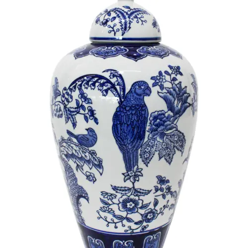 Tibor de porcelana estampado perico azul y flores de 20.7×20.7x37cm