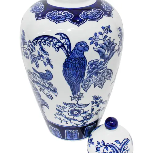 Tibor de porcelana estampado perico azul y flores de 20.7×20.7x37cm