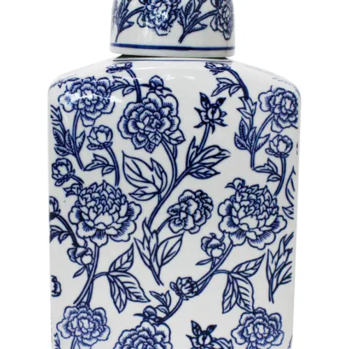Tibor de porcelana estampado flores azules de 12x17x26cm