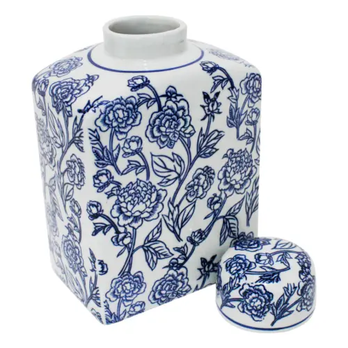 Tibor de porcelana estampado flores azules de 12x17x26cm
