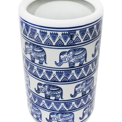 Florero de porcelana estampado elefantes azules de 17.5×17.5×28.5cm