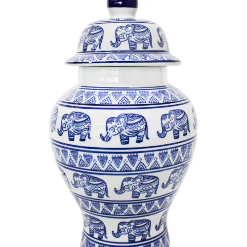 Tibor de porcelana estampado elefantes azules de 24x24x40.5cm