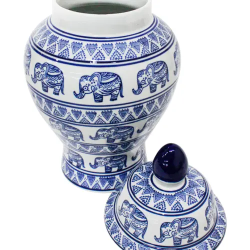Tibor de porcelana estampado elefantes azules de 24x24x40.5cm
