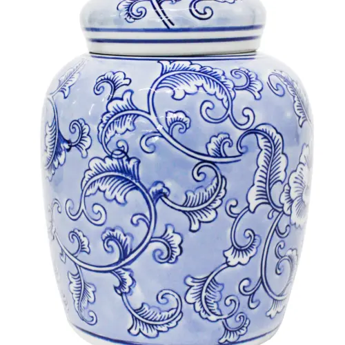 Tibor de porcelana azul estampado flores de 19x19x24cm