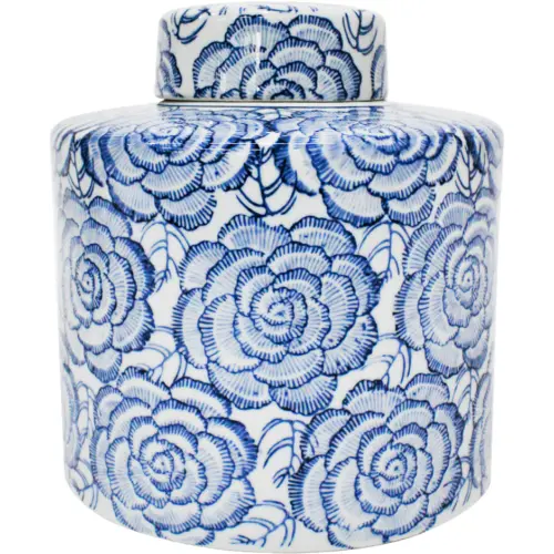Tibor de porcelana azul estampado flores de 20x20x23cm
