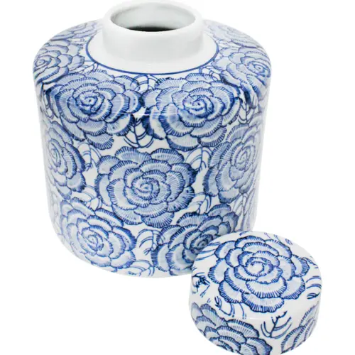 Tibor de porcelana azul estampado flores de 20x20x23cm