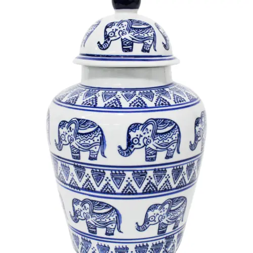 Tibor de porcelana estampado elefantes azules de 17.5×17.5x27cm