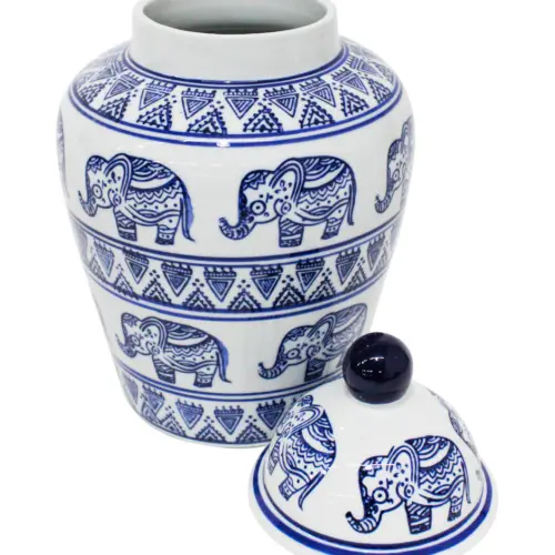 Tibor de porcelana estampado elefantes azules de 17.5×17.5x27cm