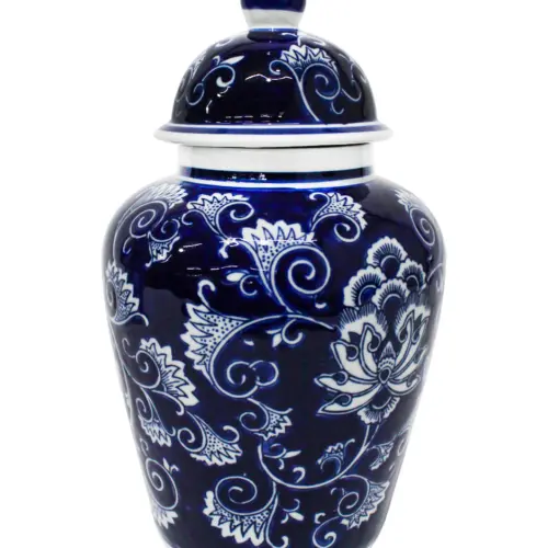 Tibor de porcelana azul marino estampado flores de 20.5×20.5×32.5cm