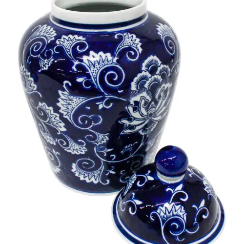 Tibor de porcelana azul marino estampado flores de 20.5×20.5×32.5cm
