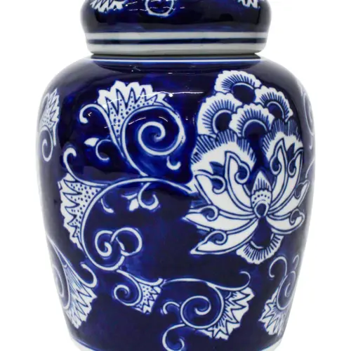 Tibor de porcelana azul marino estampado flores de 15.8×15.8x21cm