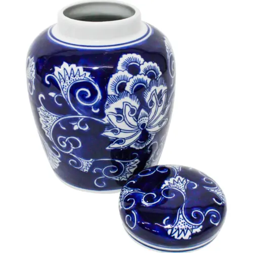 Tibor de porcelana azul marino estampado flores de 15.8×15.8x21cm