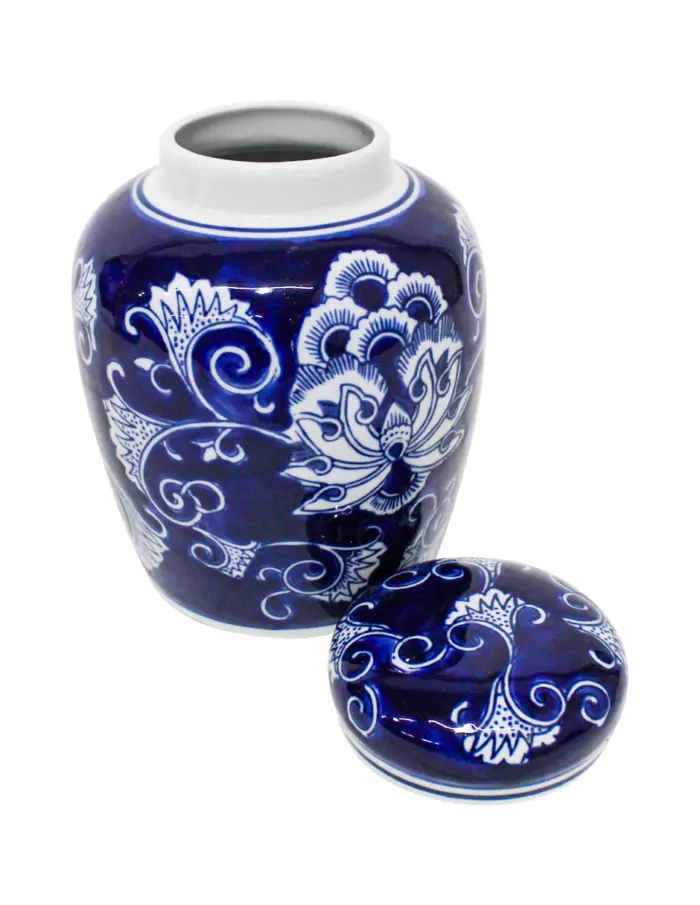 Tibor de porcelana azul marino estampado flores de 15.8x15.8x21cm - Image 2