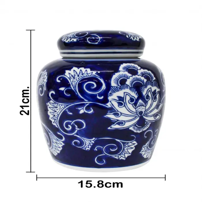 Tibor de porcelana azul marino estampado flores de 15.8x15.8x21cm - Image 4
